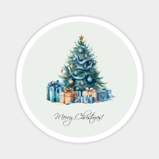 Vintage Blue Christmas Tree Watercolor Art Magnet